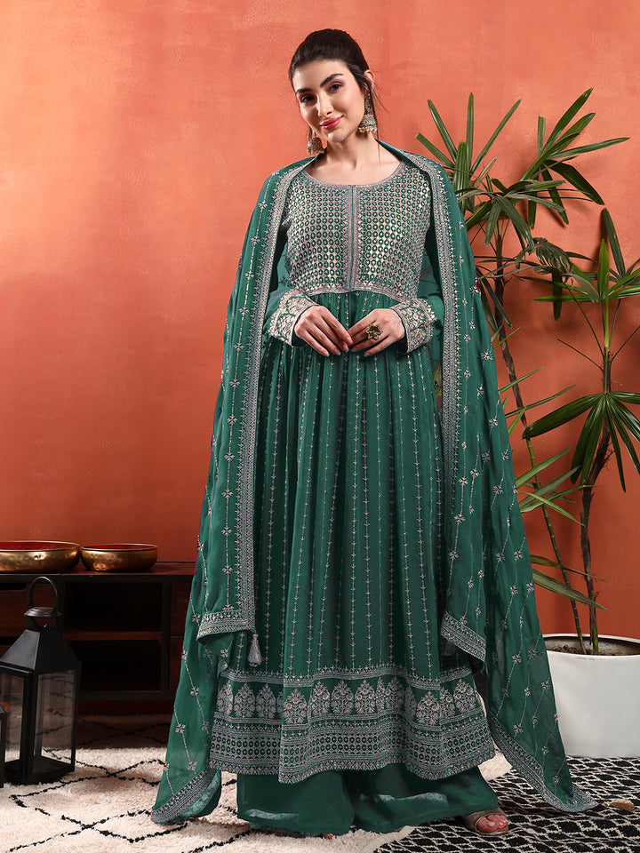 Zardozi Aari Embroidery & Sequined Kurta with Embroidered Dupatta & Solid Pallazo