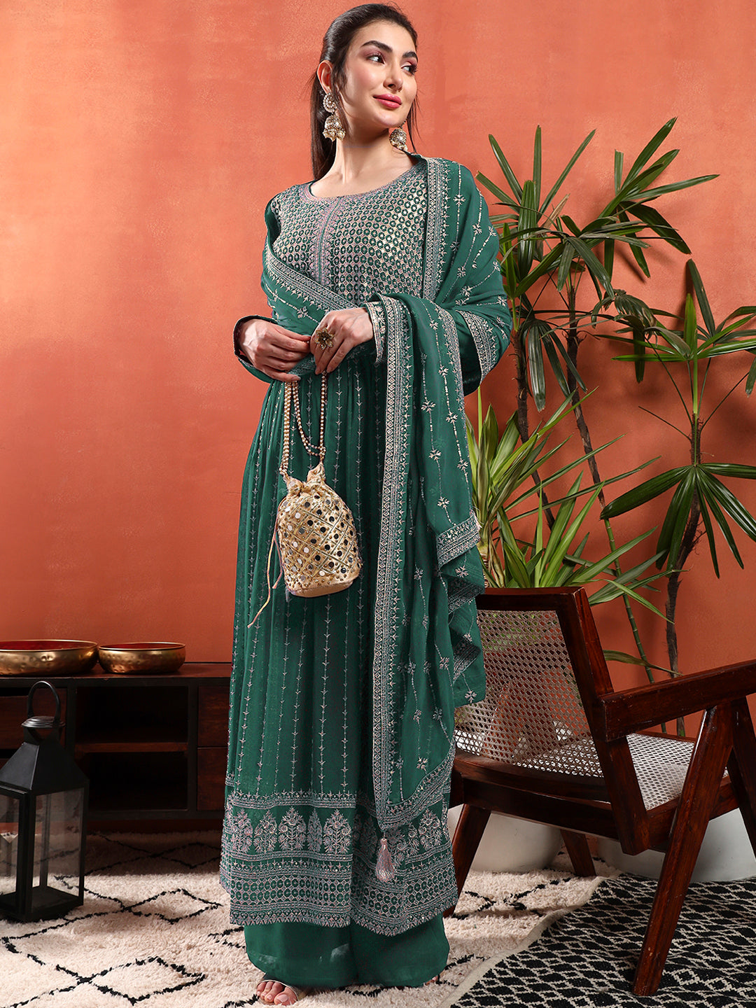 Zardozi Aari Embroidery & Sequined Kurta with Embroidered Dupatta & Solid Pallazo
