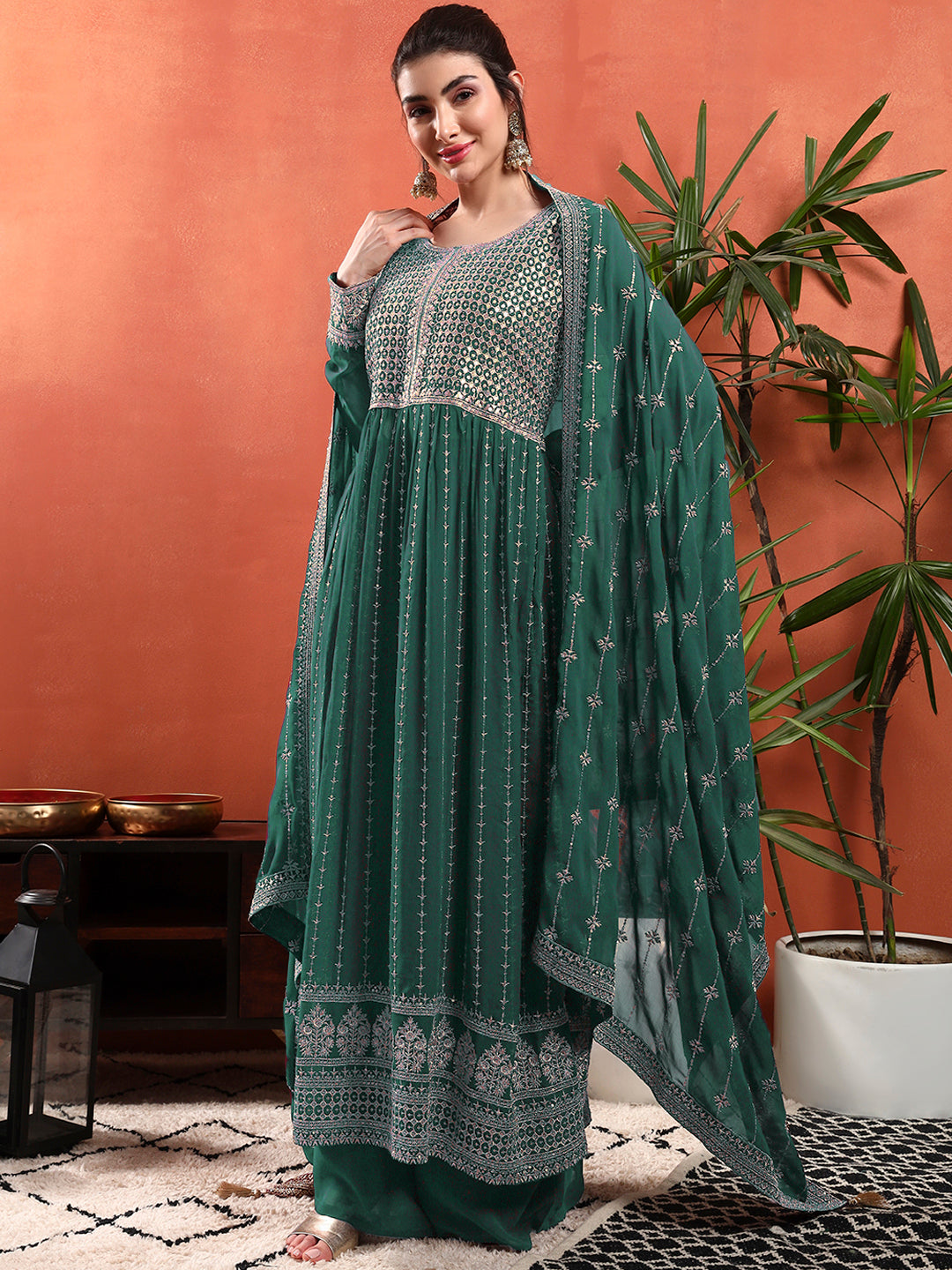 Zardozi Aari Embroidery & Sequined Kurta with Embroidered Dupatta & Solid Pallazo