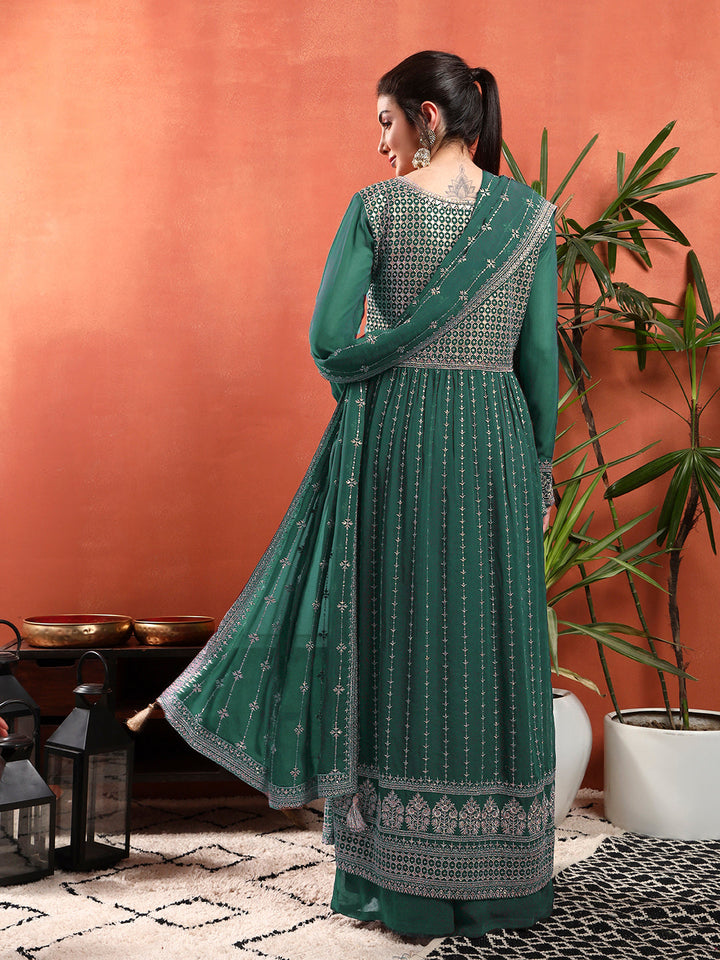 Zardozi Aari Embroidery & Sequined Kurta with Embroidered Dupatta & Solid Pallazo