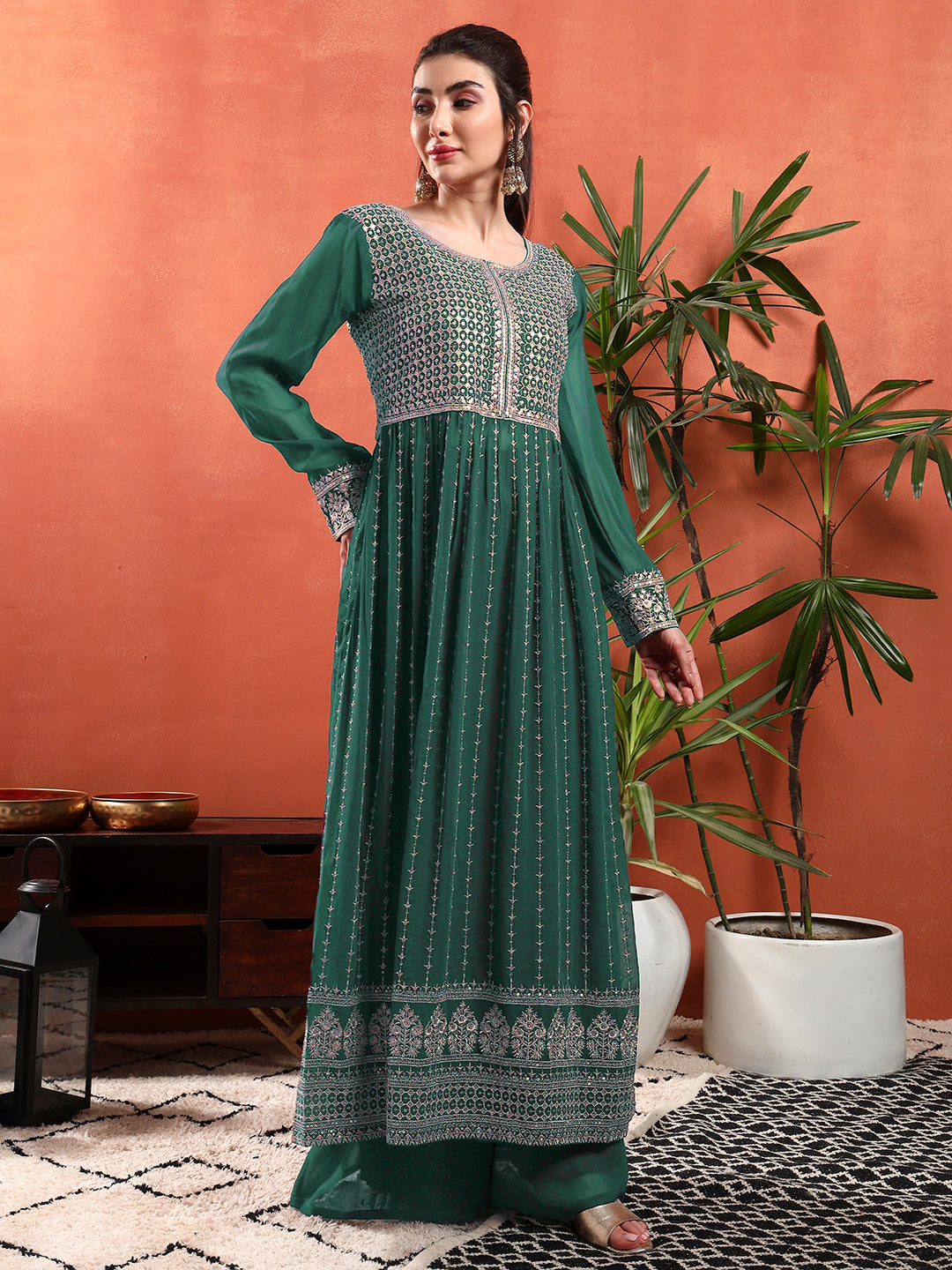 Zardozi Aari Embroidery & Sequined Kurta with Embroidered Dupatta & Solid Pallazo
