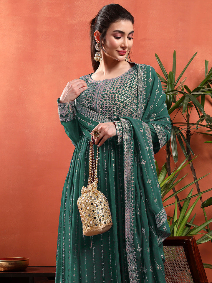 Zardozi Aari Embroidery & Sequined Kurta with Embroidered Dupatta & Solid Pallazo
