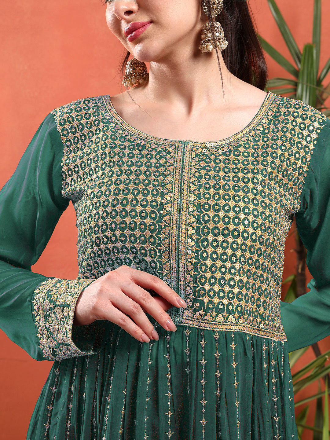 Zardozi Aari Embroidery & Sequined Kurta with Embroidered Dupatta & Solid Pallazo
