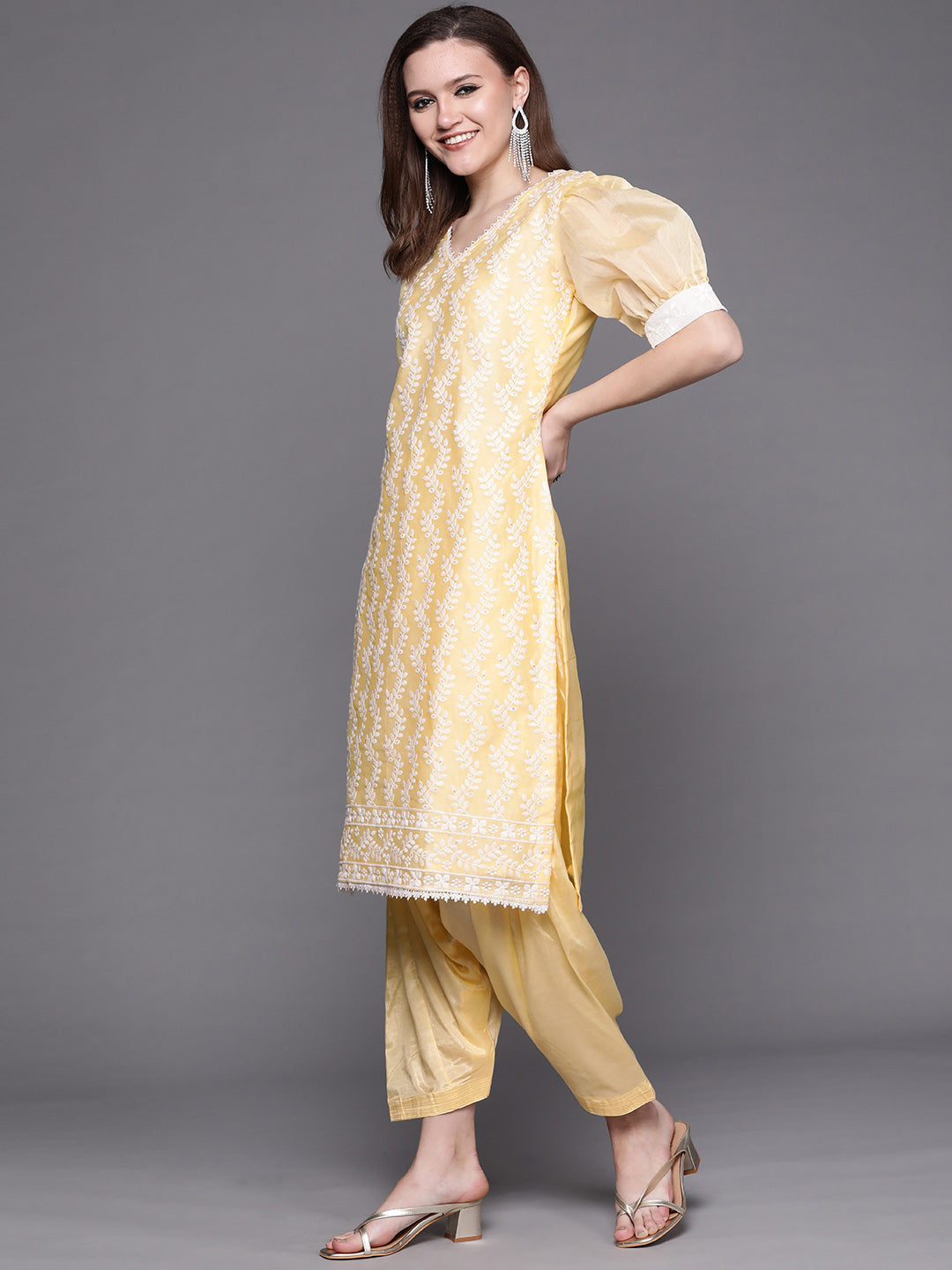 Chikankari Suit Set with Resham Schifli Embroidery