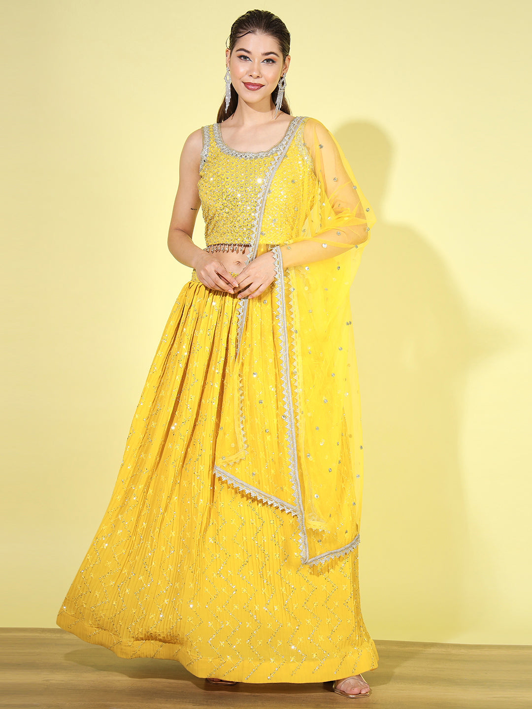 Sequin & Mirror Embellished Crop-top Pleated Lehenga Choli Dupatta Set
