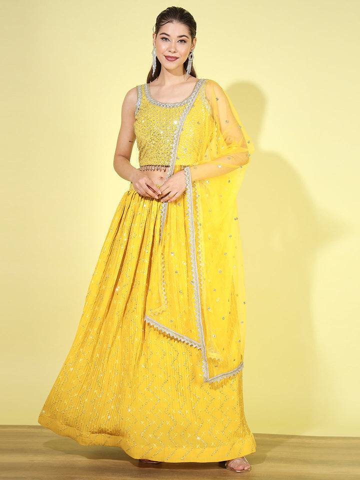 Sequin & Mirror Embellished Crop-top Pleated Lehenga Choli Dupatta Set