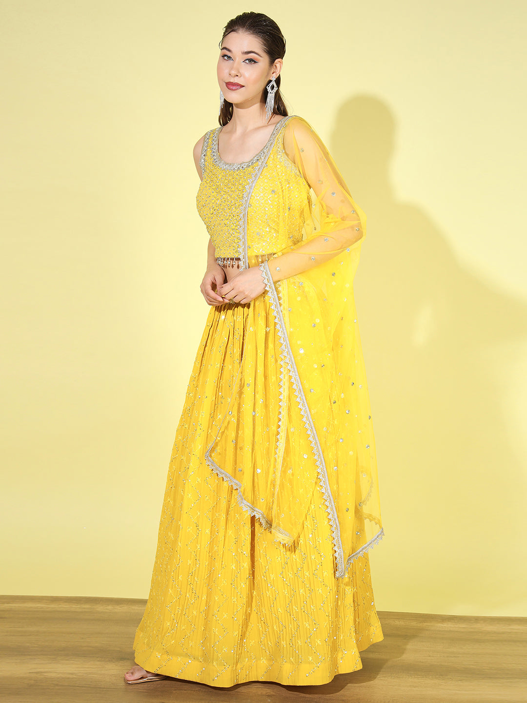 Sequin & Mirror Embellished Crop-top Pleated Lehenga Choli Dupatta Set