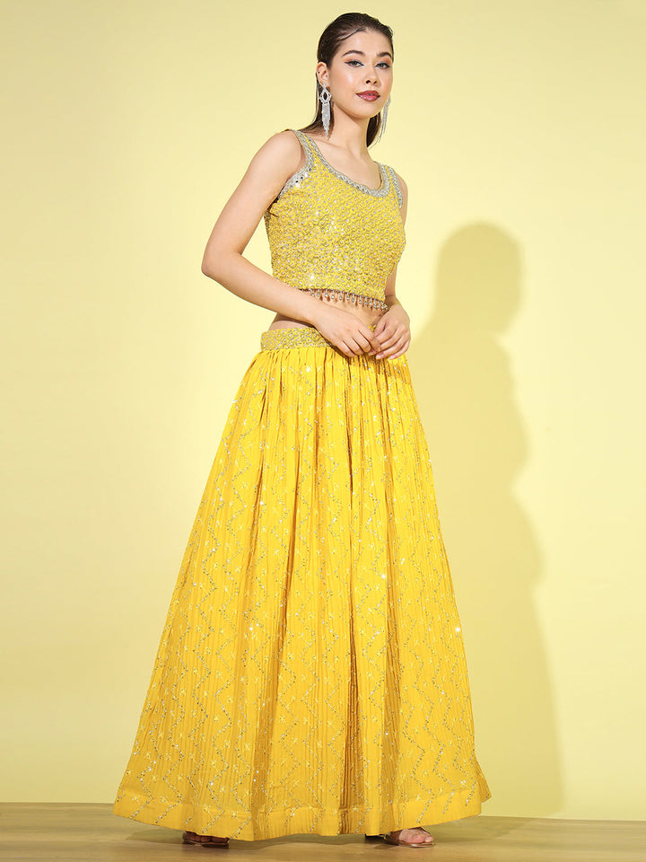 Sequin & Mirror Embellished Crop-top Pleated Lehenga Choli Dupatta Set