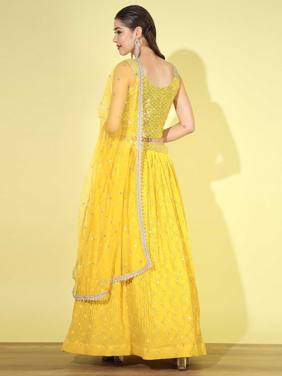 Sequin & Mirror Embellished Crop-top Pleated Lehenga Choli Dupatta Set