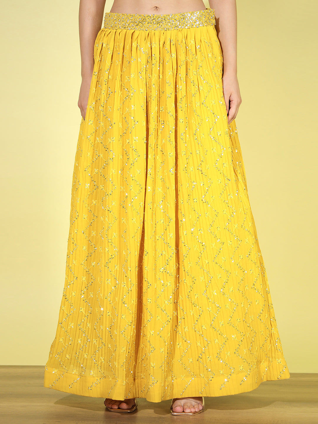 Sequin & Mirror Embellished Crop-top Pleated Lehenga Choli Dupatta Set