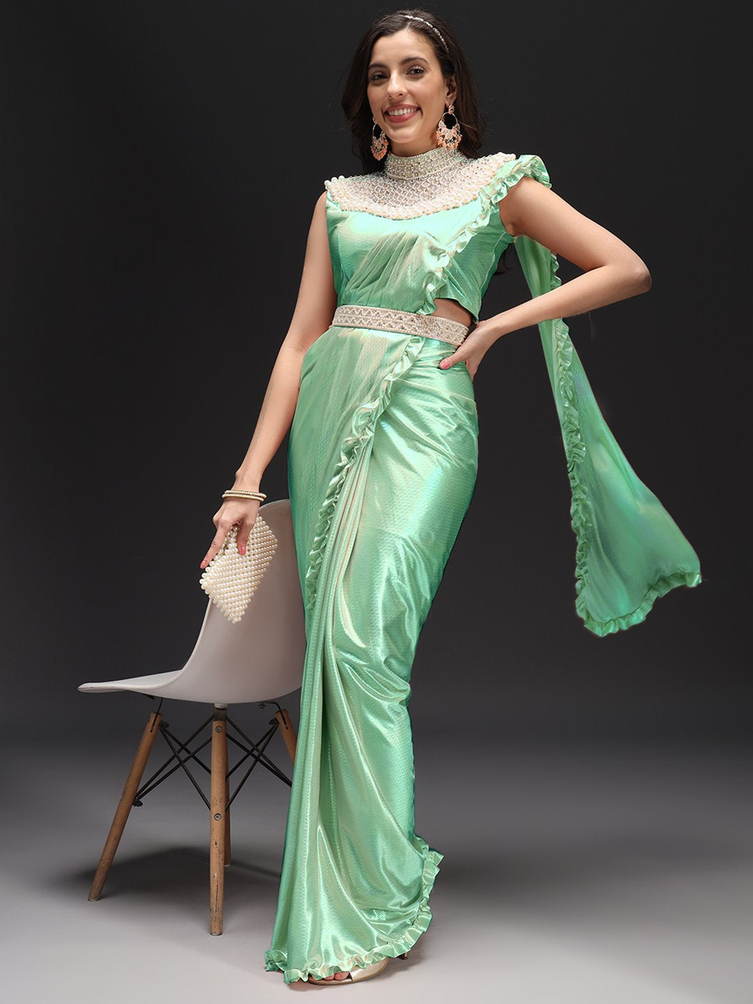 Chhabra 555 Ready to Wear Metallic Draped Saree With Pearl Embellished Choker Necklace & Belt