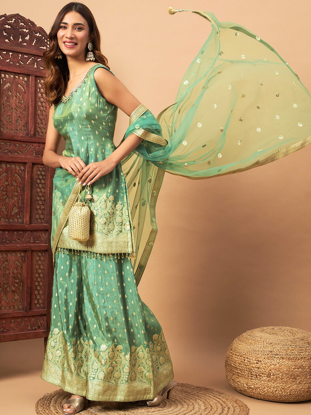 Chhabra 555 Intricate Zari Woven Kurta Palazzo Set with Sequinned Dupatta & Tassled Hemline