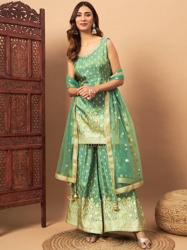 Intricate Zari Woven Kurta Palazzo Set with Sequinned Dupatta & Tassled Hemline