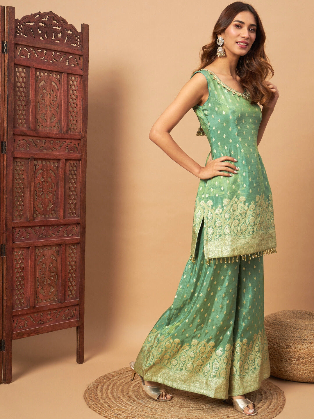 Intricate Zari Woven Kurta Palazzo Set with Sequinned Dupatta & Tassled Hemline