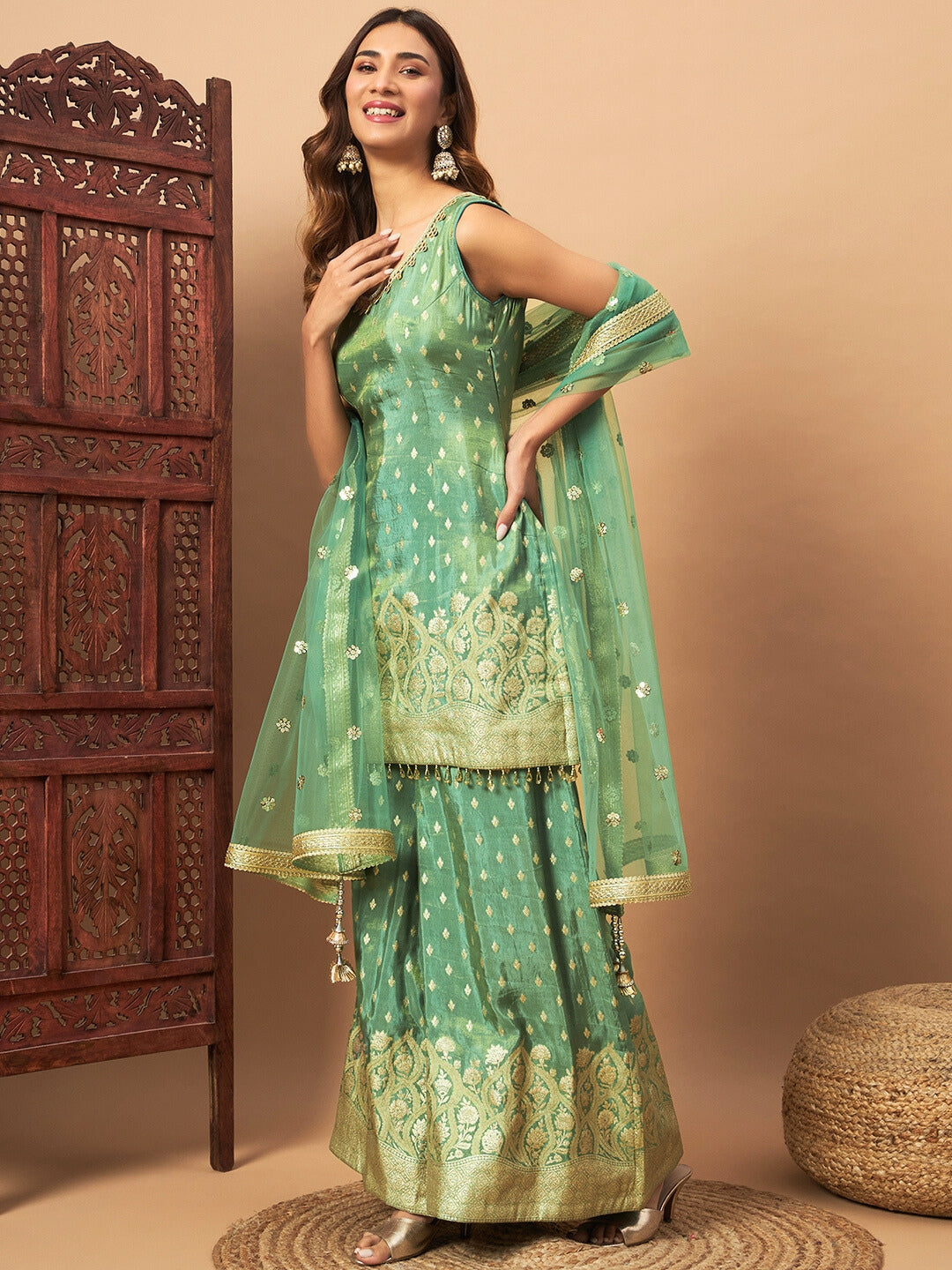 Intricate Zari Woven Kurta Palazzo Set with Sequinned Dupatta & Tassled Hemline