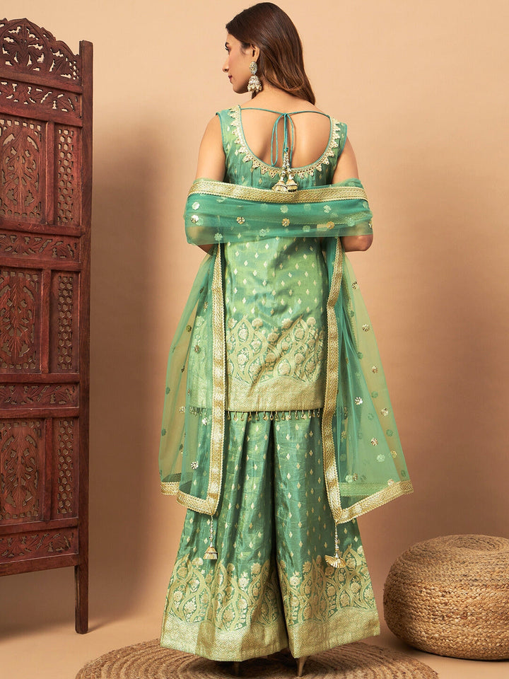 Intricate Zari Woven Kurta Palazzo Set with Sequinned Dupatta & Tassled Hemline