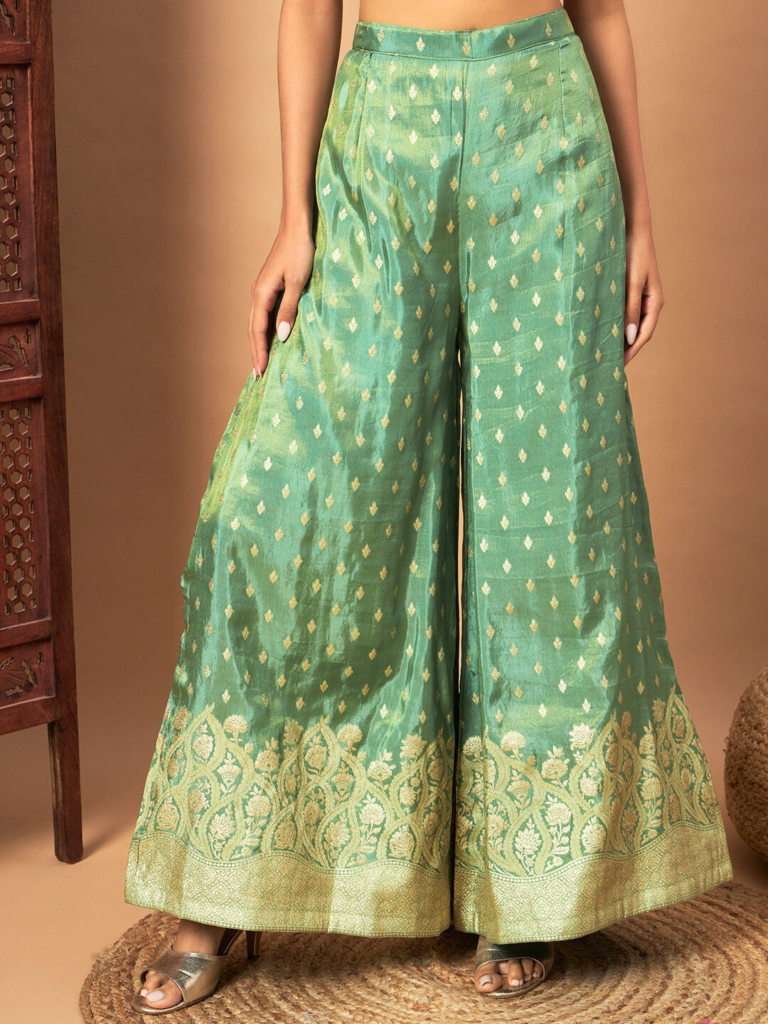 Intricate Zari Woven Kurta Palazzo Set with Sequinned Dupatta & Tassled Hemline