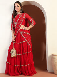 Chhabra 555 Mirror Work Tiered Lehenga with Embroidered Tasseled Choli & Attached Pre-Draped Dupatta