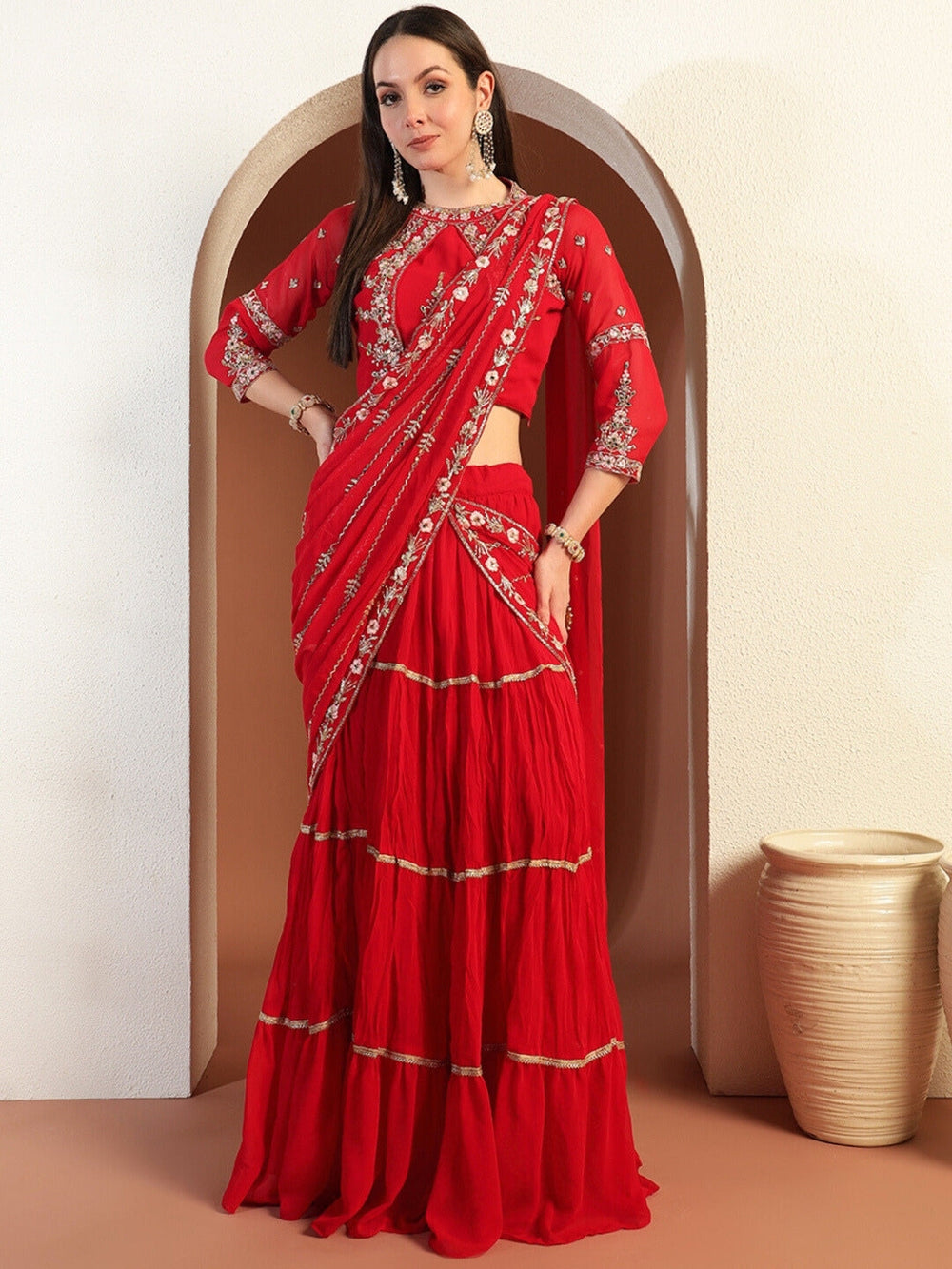 Chhabra 555 Mirror Work Tiered Lehenga with Embroidered Tasseled Choli & Attached Pre-Draped Dupatta