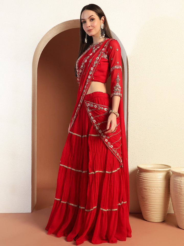 Chhabra 555 Mirror Work Tiered Lehenga with Embroidered Tasseled Choli & Attached Pre-Draped Dupatta