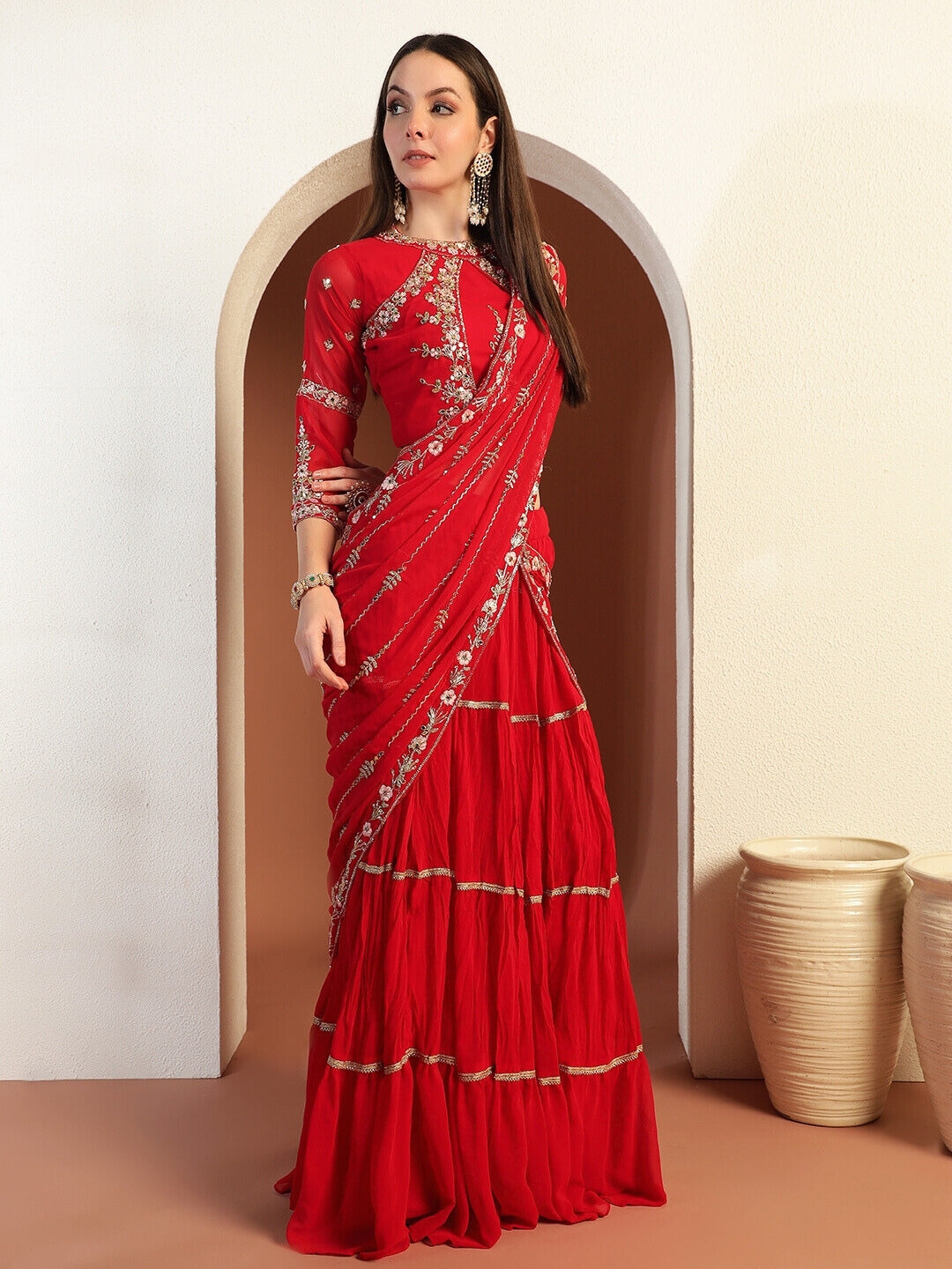Chhabra 555 Mirror Work Tiered Lehenga with Embroidered Tasseled Choli & Attached Pre-Draped Dupatta
