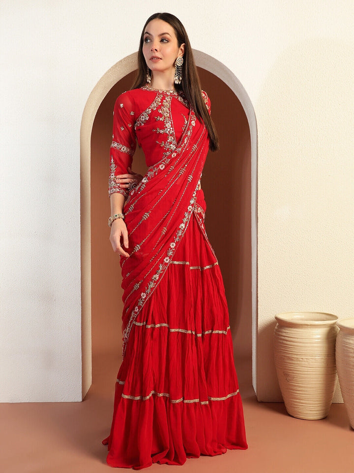 Chhabra 555 Mirror Work Tiered Lehenga with Embroidered Tasseled Choli & Attached Pre-Draped Dupatta