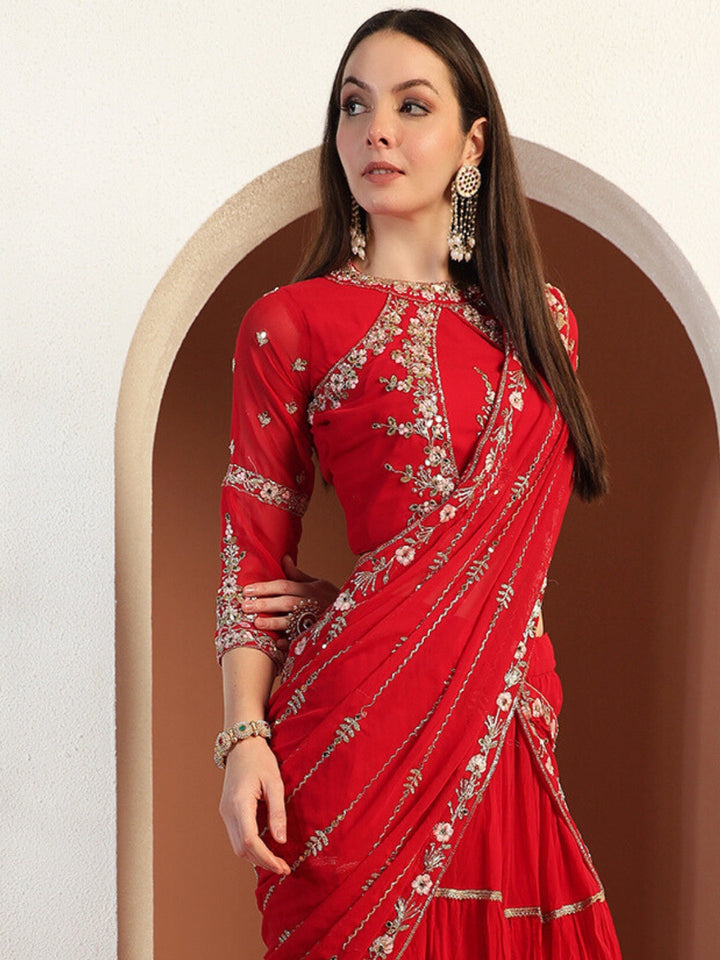 Chhabra 555 Mirror Work Tiered Lehenga with Embroidered Tasseled Choli & Attached Pre-Draped Dupatta