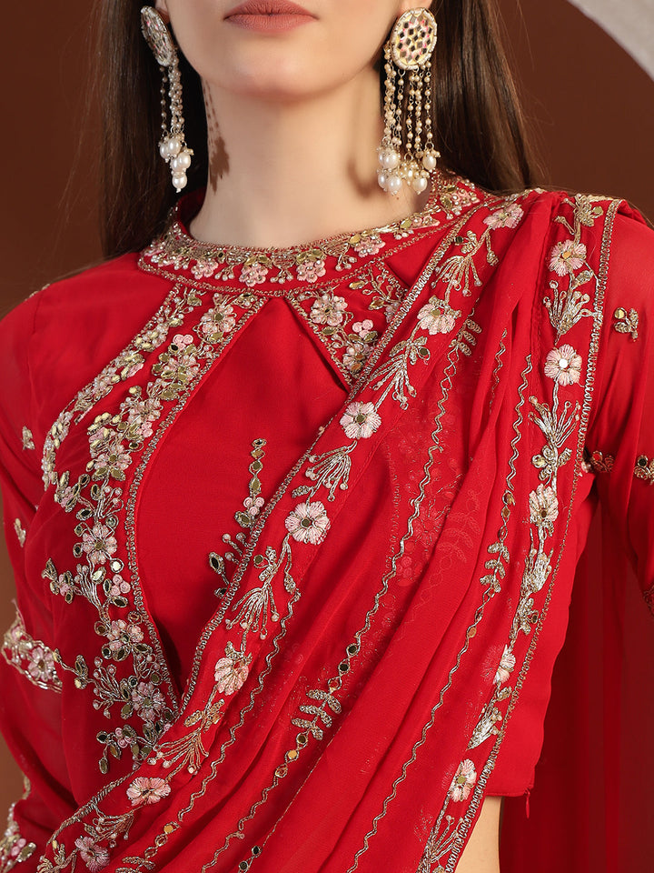 Chhabra 555 Mirror Work Tiered Lehenga with Embroidered Tasseled Choli & Attached Pre-Draped Dupatta