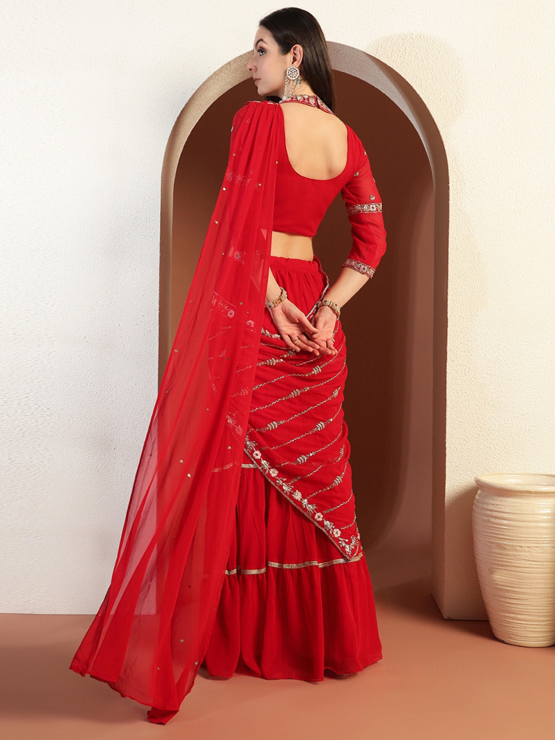 Chhabra 555 Mirror Work Tiered Lehenga with Embroidered Tasseled Choli & Attached Pre-Draped Dupatta