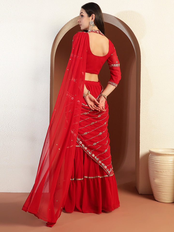 Chhabra 555 Mirror Work Tiered Lehenga with Embroidered Tasseled Choli & Attached Pre-Draped Dupatta