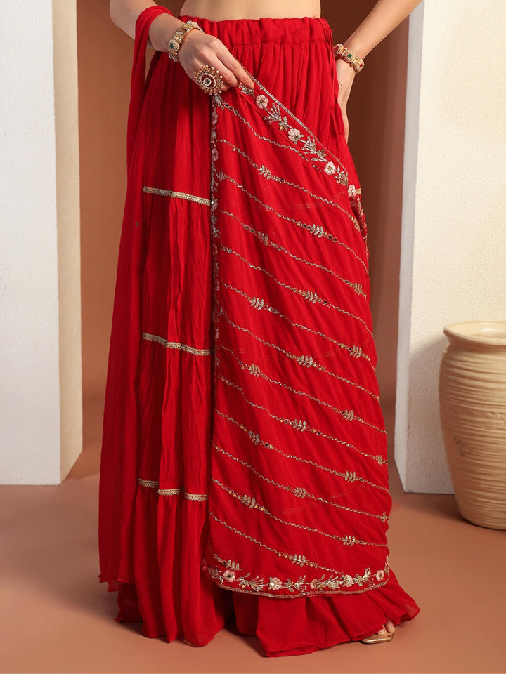 Chhabra 555 Mirror Work Tiered Lehenga with Embroidered Tasseled Choli & Attached Pre-Draped Dupatta