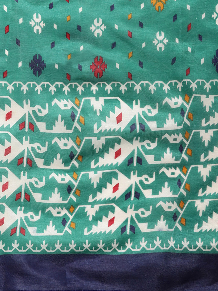 Ikat-Inspired Bhagalpuri Print Saree with Tribal Abstract Motifs