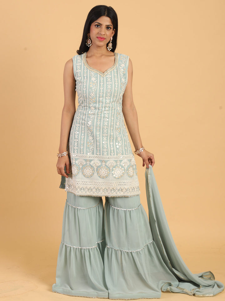 Blue Resham & Sequin Embellished Georgette Kurta Sharara Dupatta Set