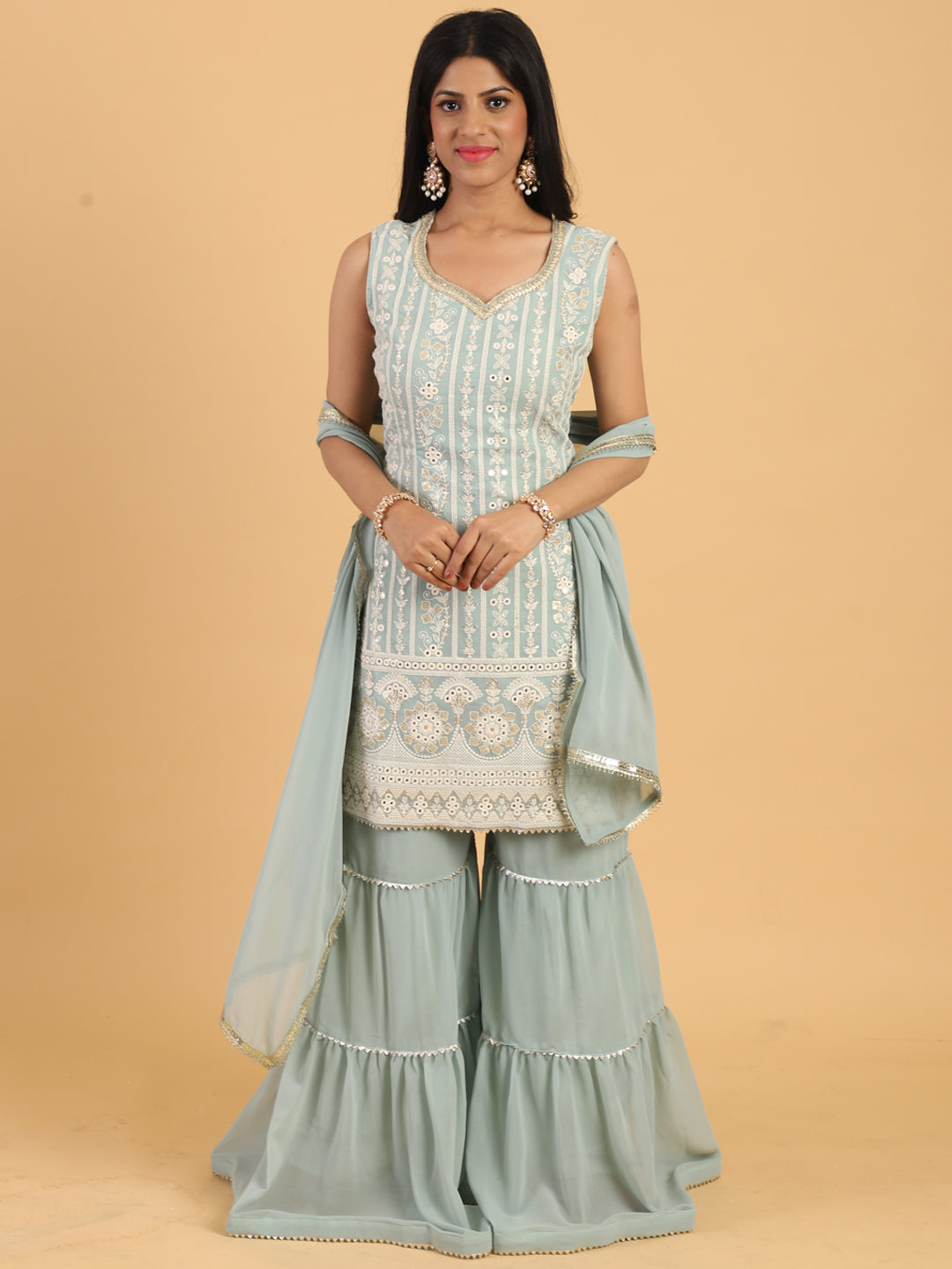 Blue Resham & Sequin Embellished Georgette Kurta Sharara Dupatta Set