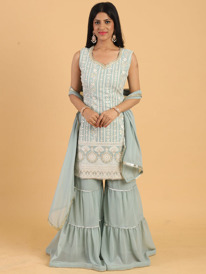 Blue Resham & Sequin Embellished Georgette Kurta Sharara Dupatta Set