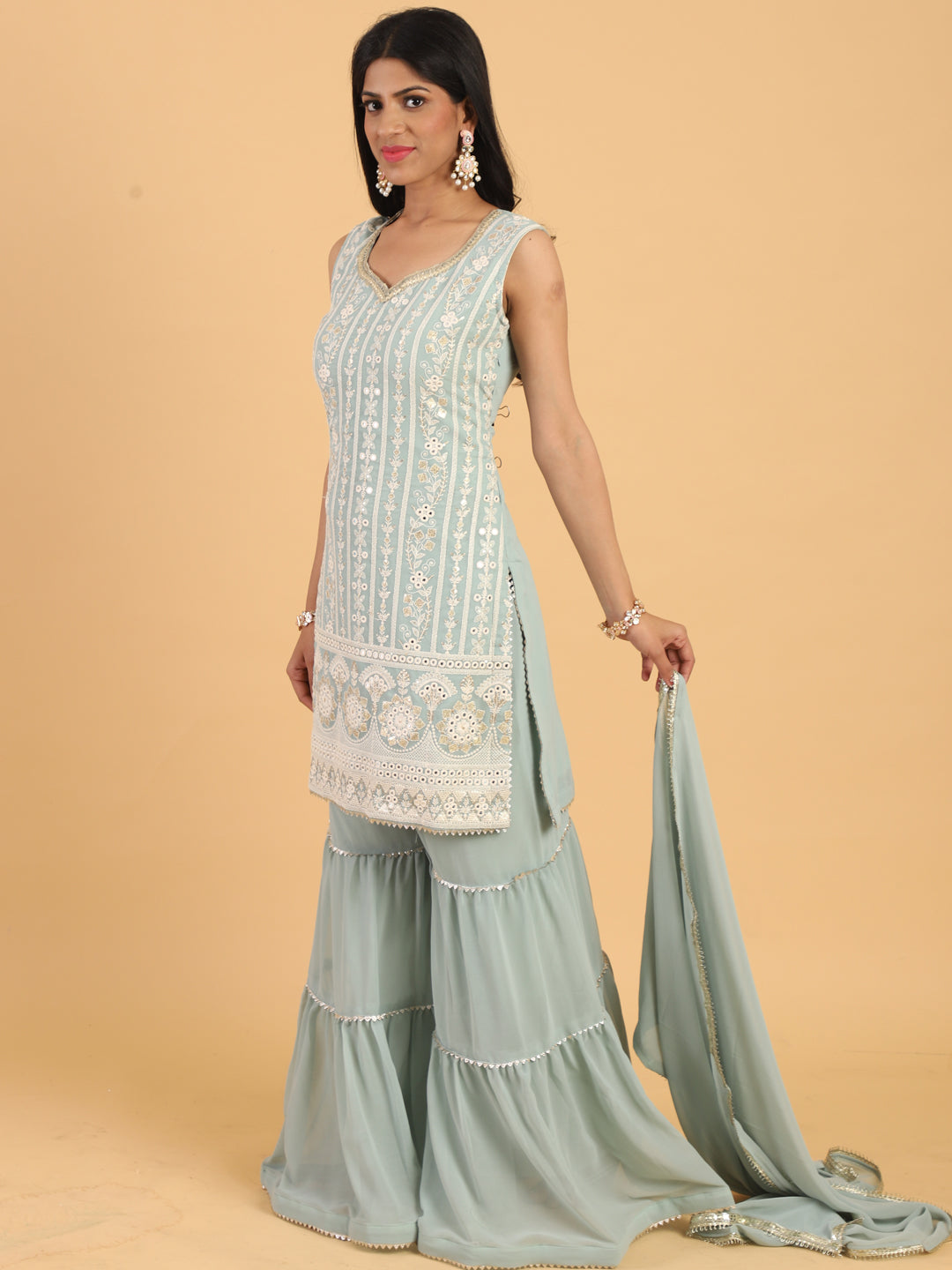Blue Resham & Sequin Embellished Georgette Kurta Sharara Dupatta Set