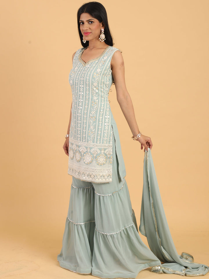 Blue Resham & Sequin Embellished Georgette Kurta Sharara Dupatta Set
