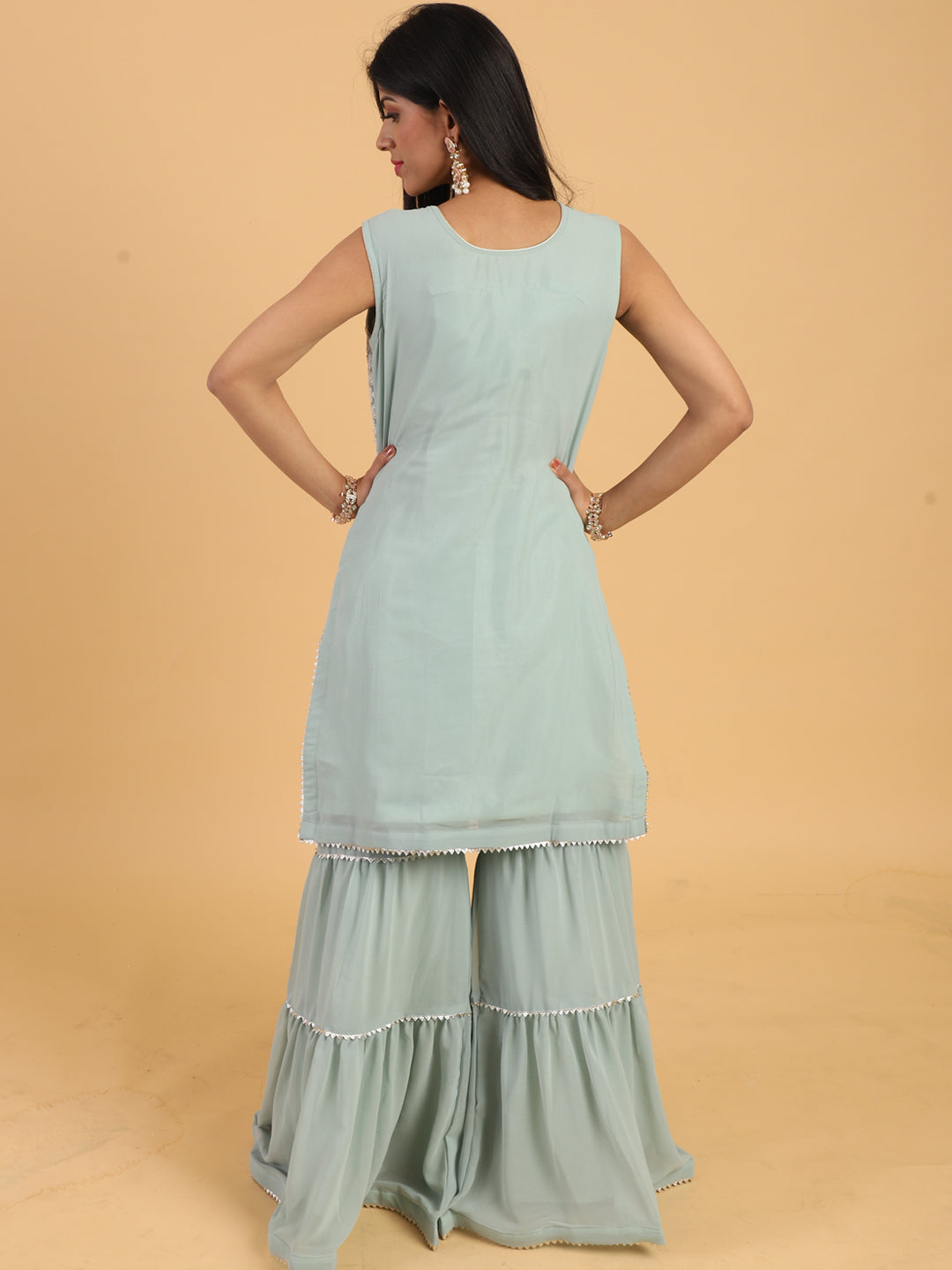 Blue Resham & Sequin Embellished Georgette Kurta Sharara Dupatta Set