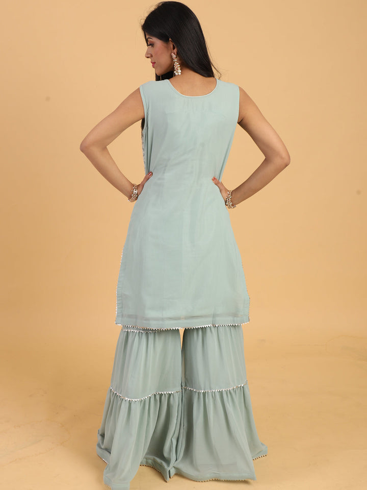 Blue Resham & Sequin Embellished Georgette Kurta Sharara Dupatta Set