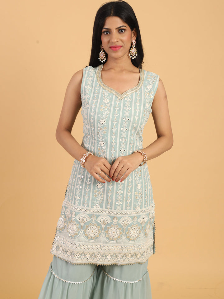 Blue Resham & Sequin Embellished Georgette Kurta Sharara Dupatta Set