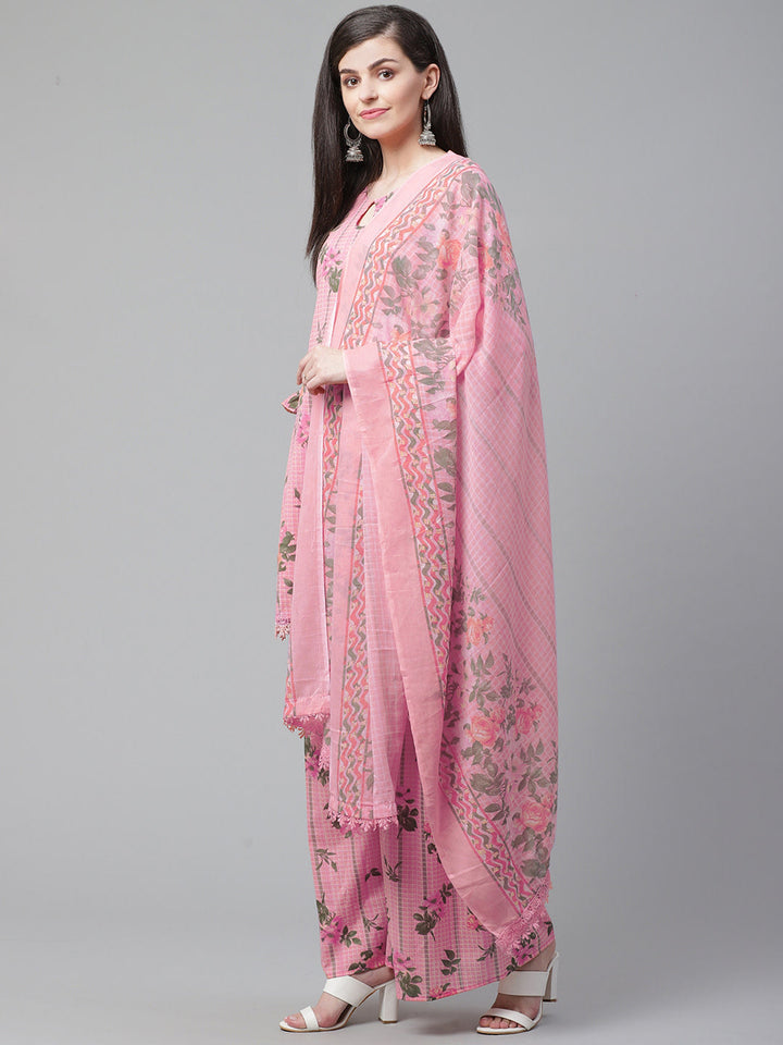 Pink Cotton Dress Material with Floral and Lace Borders on Dupatta