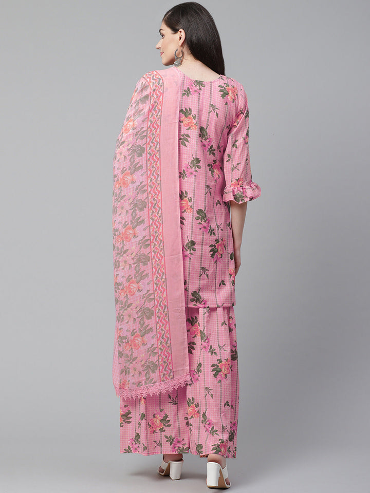 Pink Cotton Dress Material with Floral and Lace Borders on Dupatta