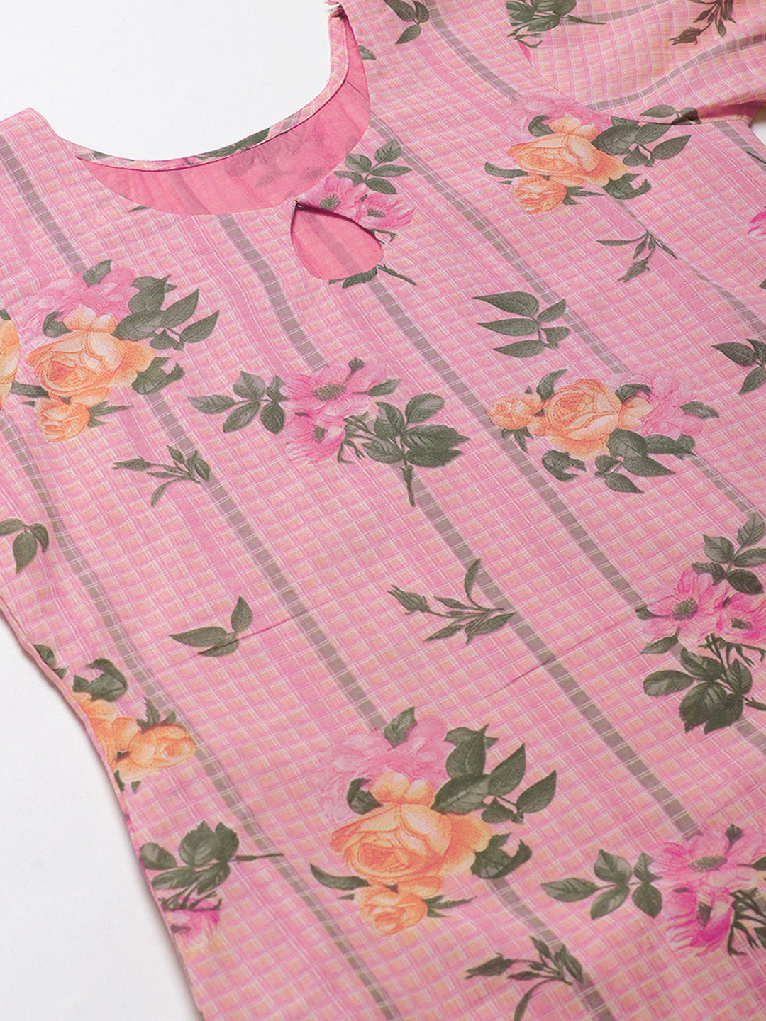 Pink Cotton Dress Material with Floral and Lace Borders on Dupatta