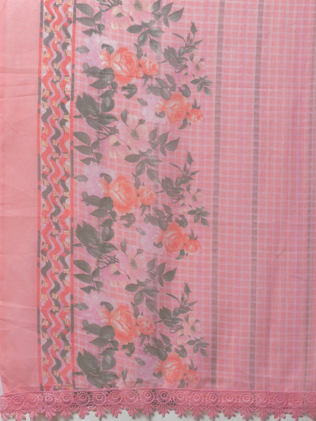 Pink Cotton Dress Material with Floral and Lace Borders on Dupatta