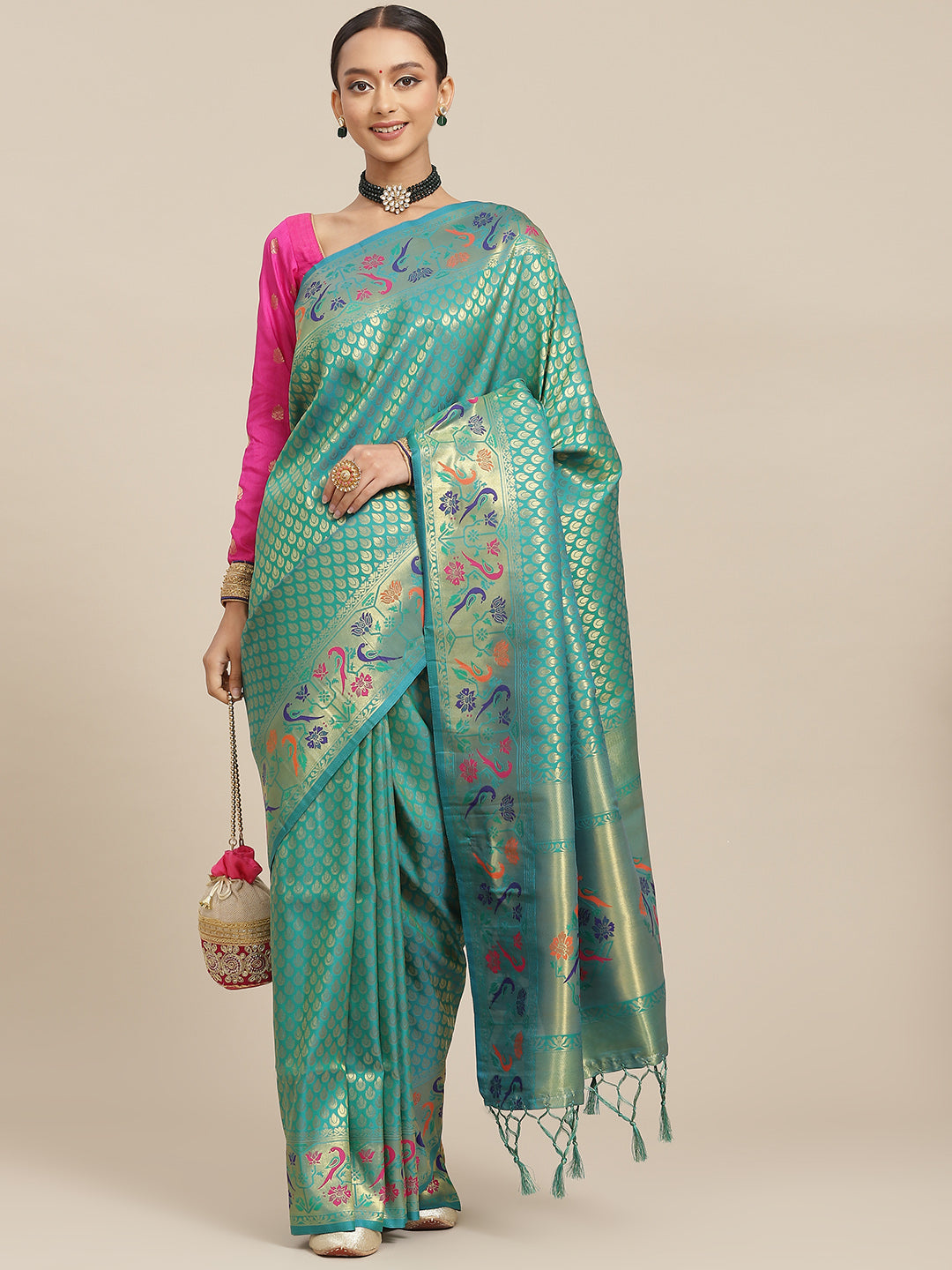 Rama Green Paithani Silk Saree with Zari Meenakari Peacock Motifs