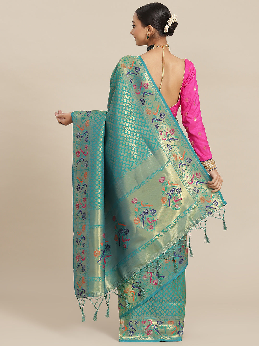 Rama Green Paithani Silk Saree with Zari Meenakari Peacock Motifs