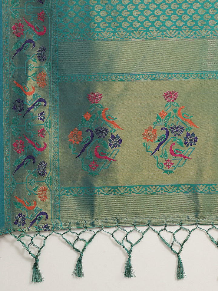 Rama Green Paithani Silk Saree with Zari Meenakari Peacock Motifs