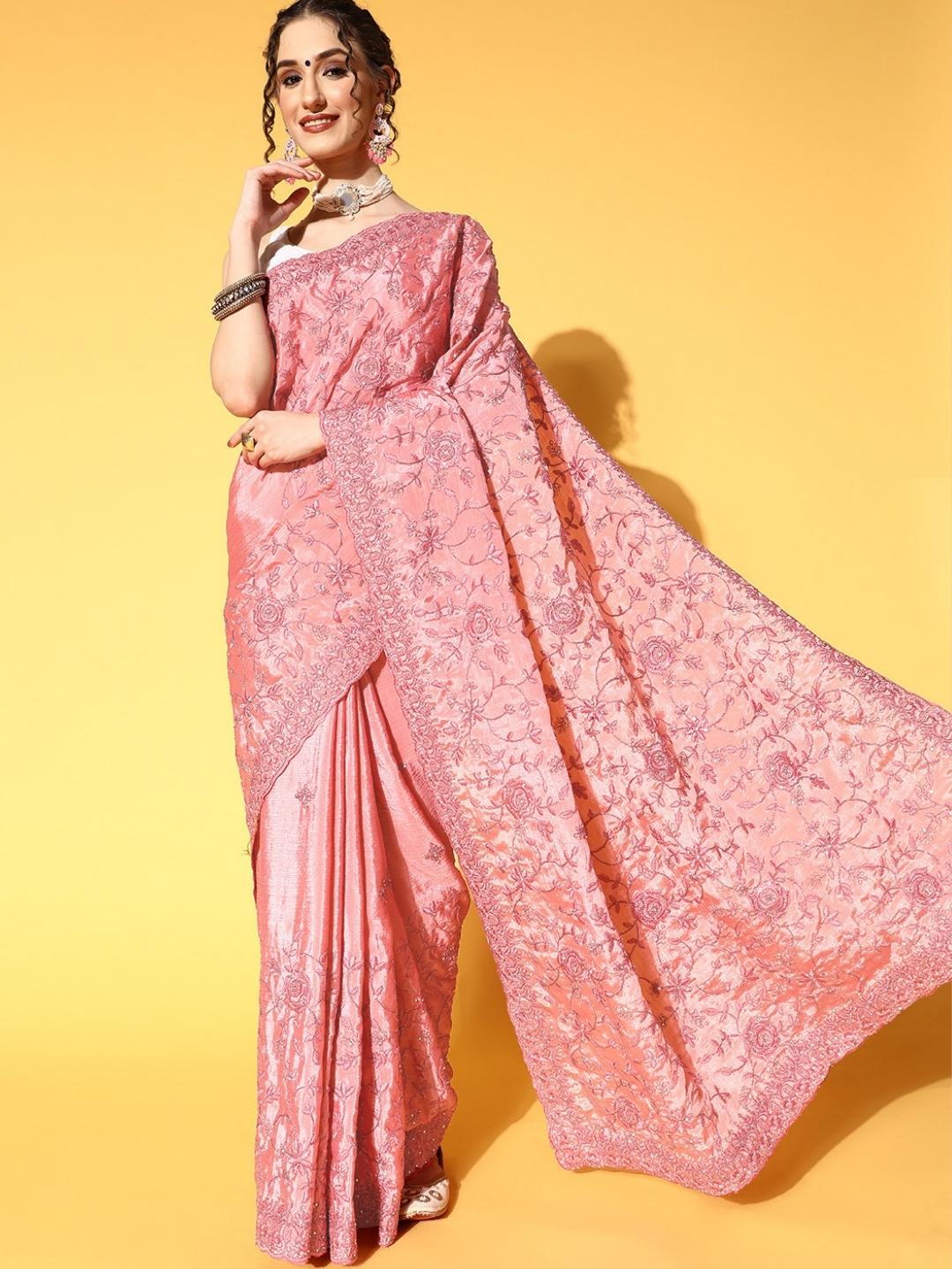 Pink Resham & Zari Floral Chinnon Roses Embellished Saree