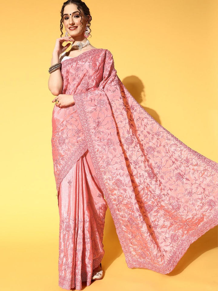 Pink Resham & Zari Floral Chinnon Roses Embellished Saree
