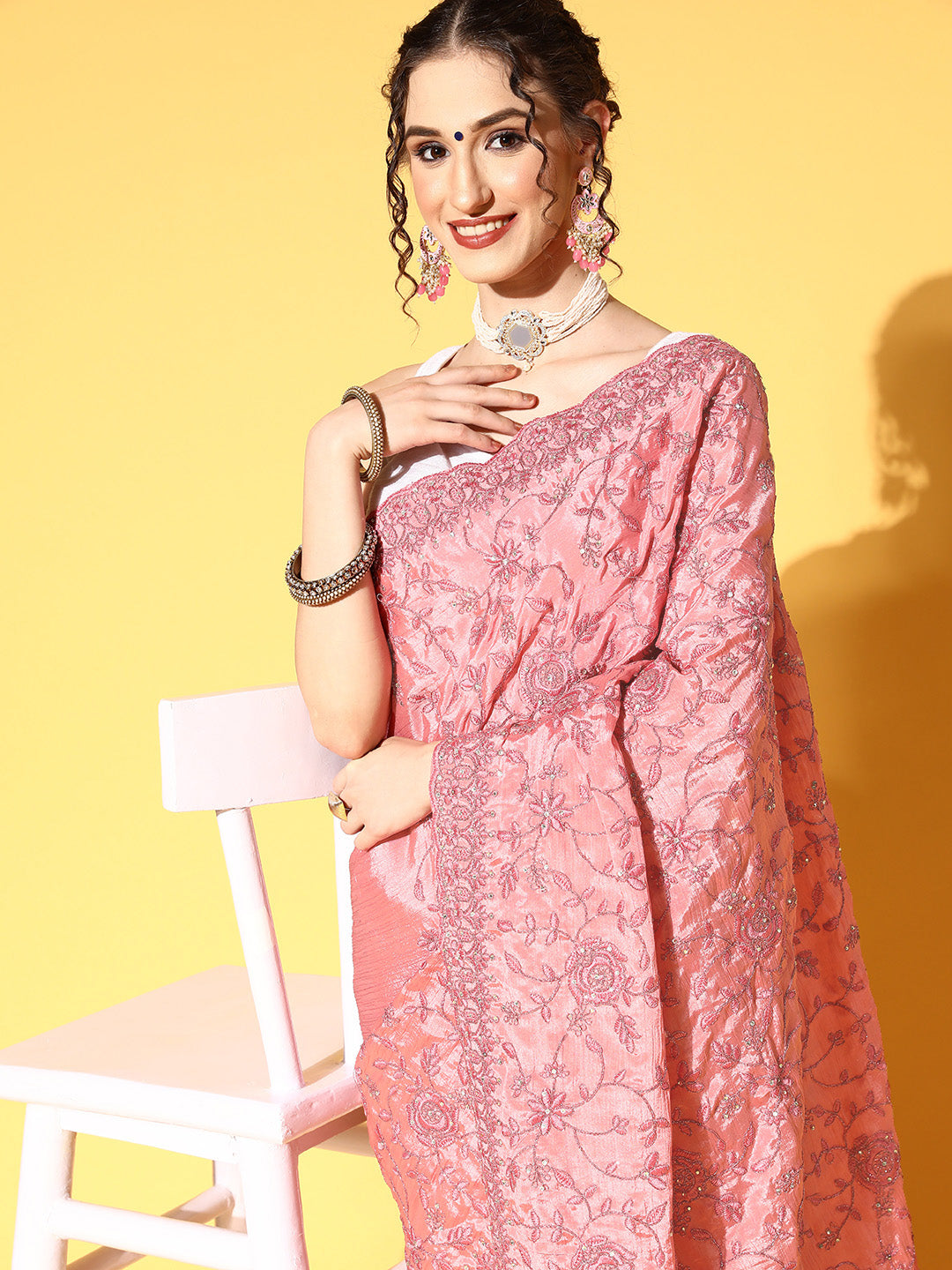 Pink Resham & Zari Floral Chinnon Roses Embellished Saree